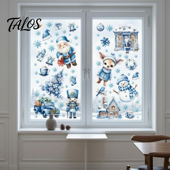 Home Decor for Christmas 9Pcs Window Clings, Blue Santa Snowman Reindeer Static Stickers, Nutcracker Clings Reusable Double Sided Xmas Decorations