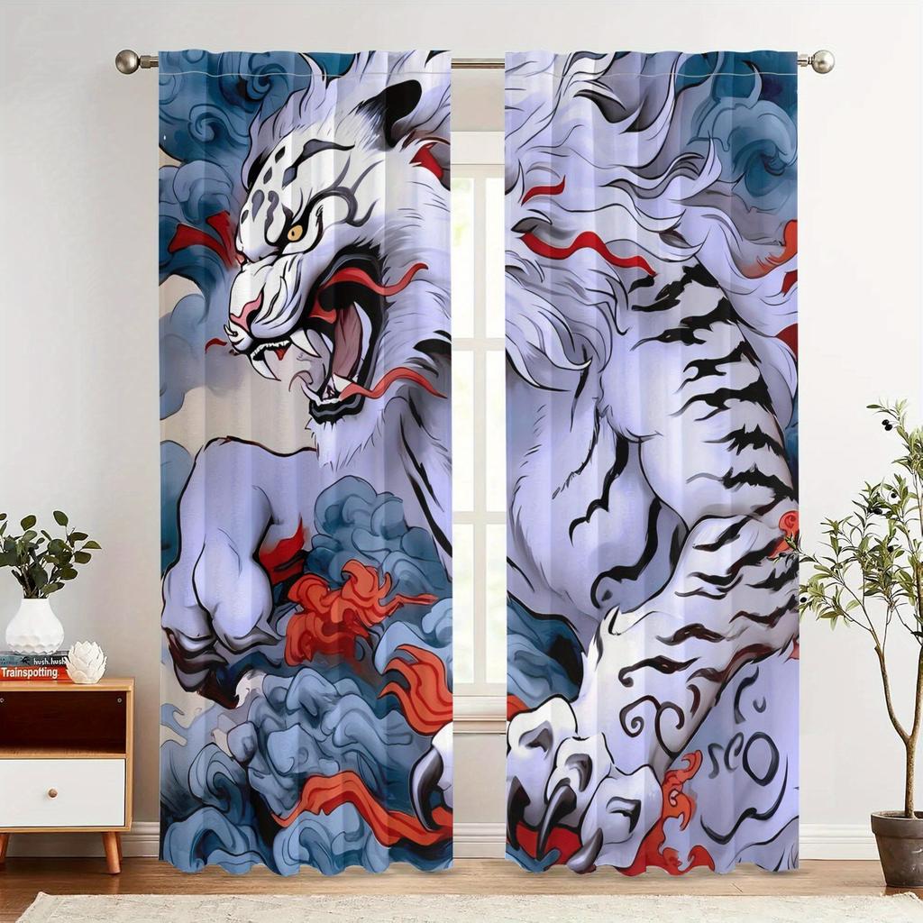 2pcs Vintage-Style White Tiger Print Curtains - Blackout, Rod Pocket, Machine Washable Polyester, Living Room Decor with Dram