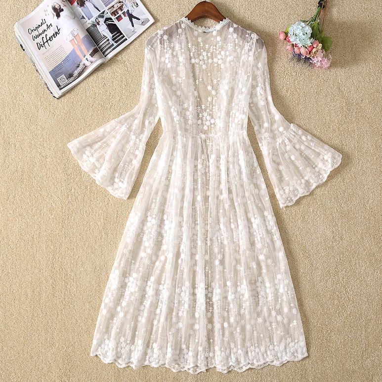 

Кружевной сетчатый кардиган с рукавами 3/4, шаль, женская летняя одежда средней длины с расклешенными рукавами, солнцезащитная одежда, тонкая верхняя одежда XL