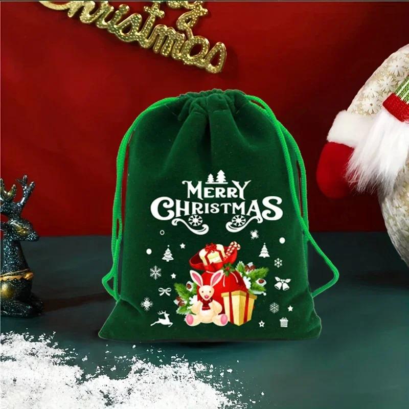 10pcs Merry Christmas Velvet Bags Green Drawstring Pouch Candy Gift Bag Jewelry Packaging Bags Xmas New Year Party Supplies