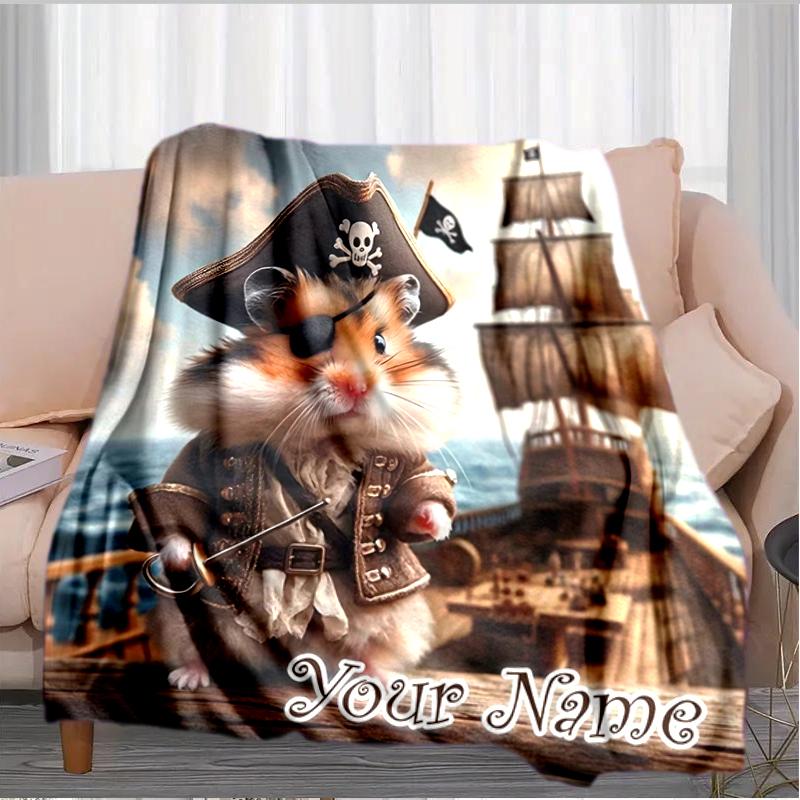 1PC Custom Name Pirate Hamster Adventure flannel blanket versatile, all-season throw suitable for the living room, bedroom, camping, travel, and gift
