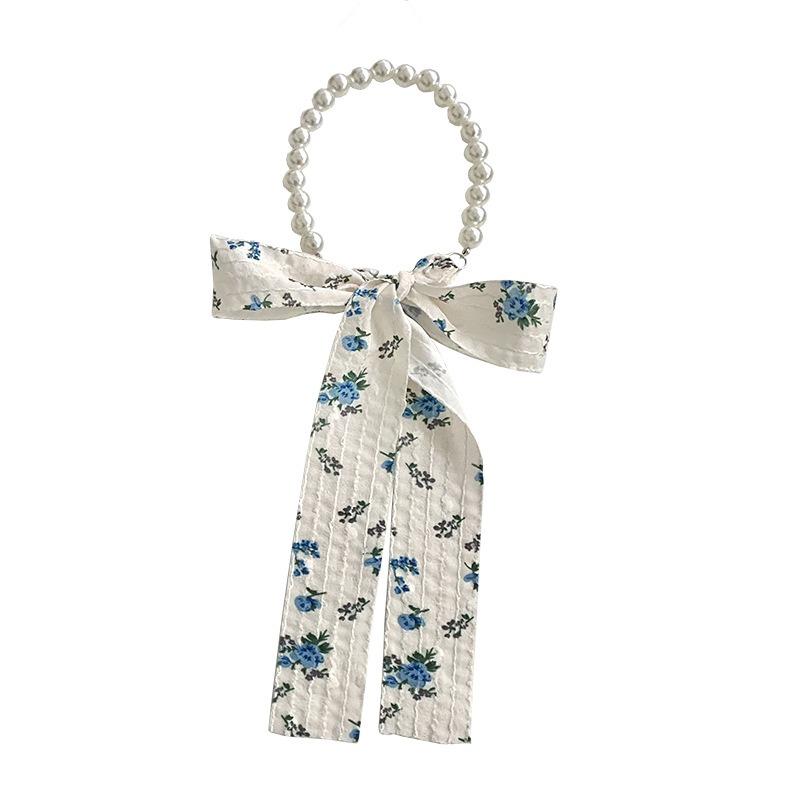 Silk Scarf Long Strip High-end Floral Pearl Necklace Small Scarf Streamer Hair Rope Silk Scarf Bag Winding Floral Headscarf