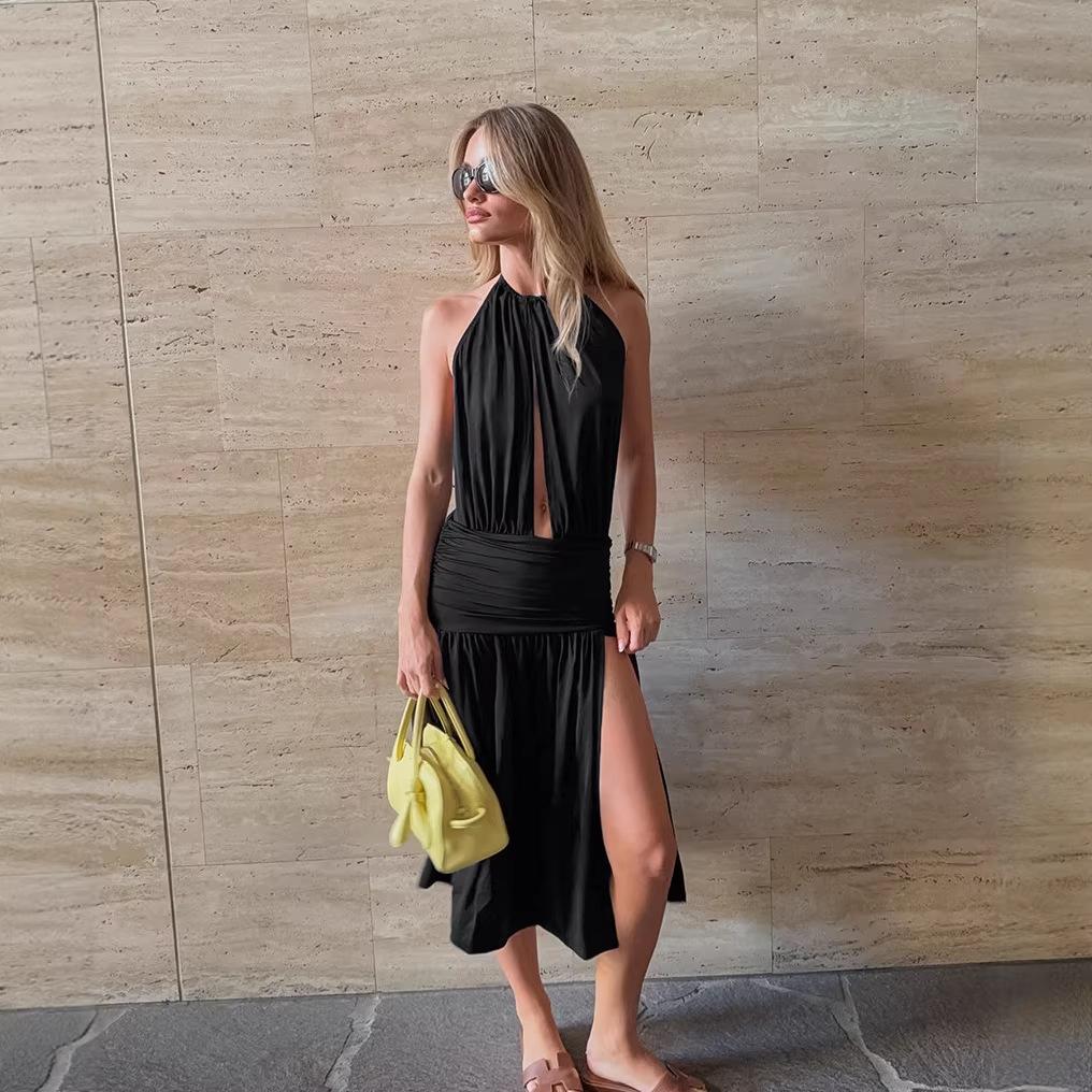 Summer new sexy black neck dress femininity backless split A-word skirt women's clothing