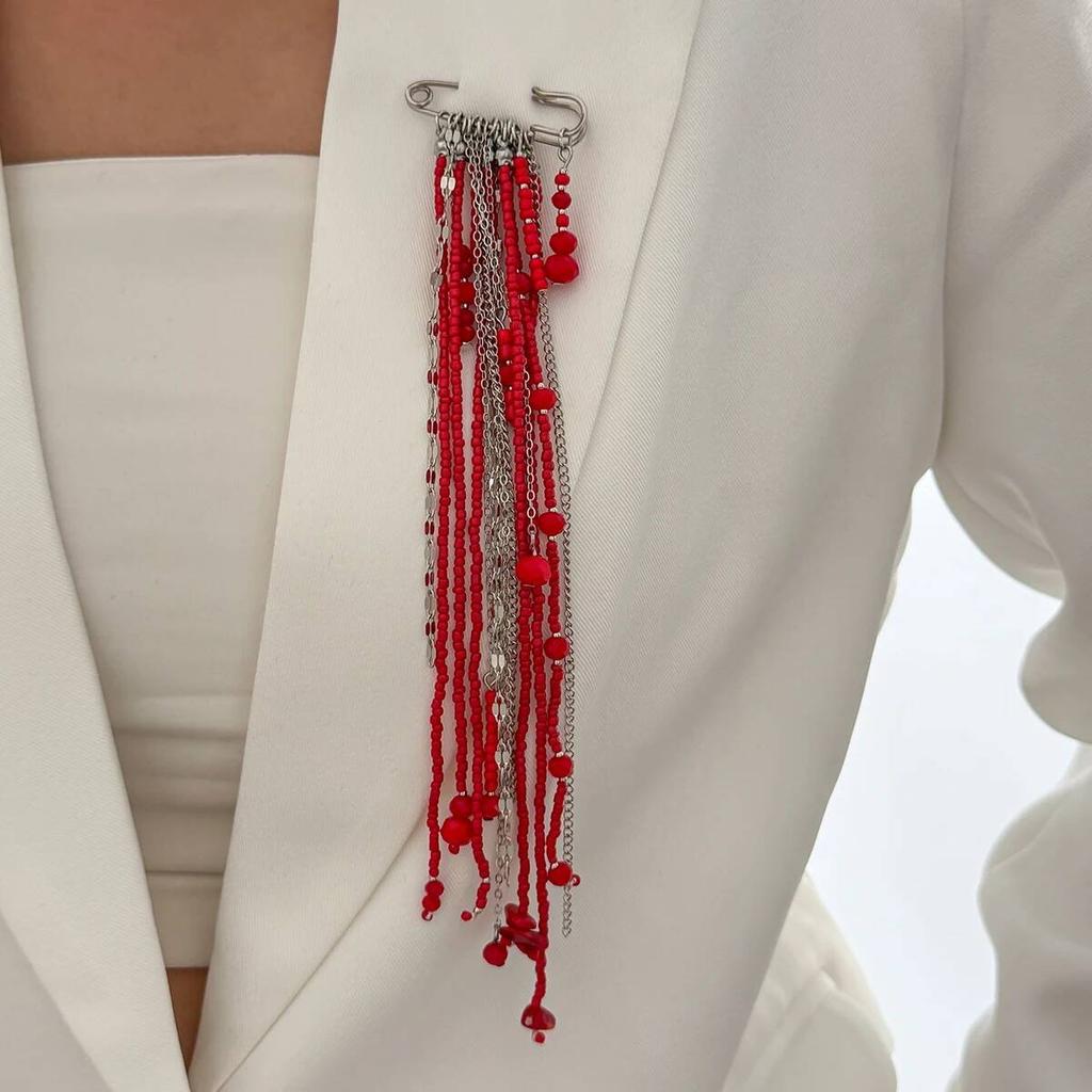 KunJoe New Fashion Red Black Crystal Bead Chain Brooches for Women Long Tassel Pendant Brooch Pin New Year Jewelry Accessories