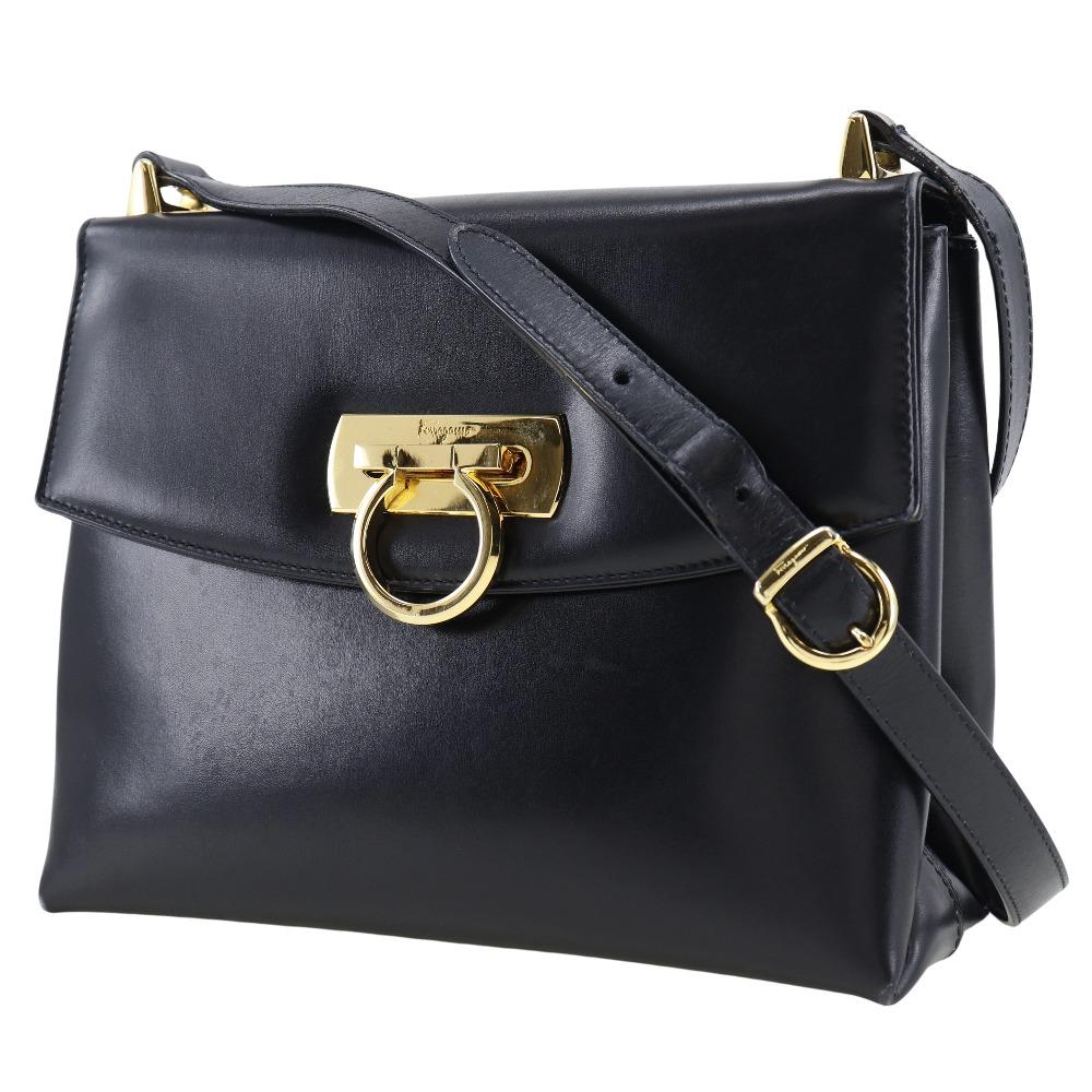 Salvatore Ferragamo Gancini Shoulder Bag Black Calfskin Women Used