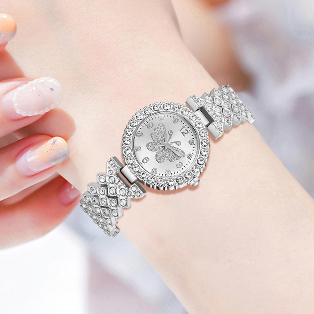 5PC Luxury Women Watch Set Fashion and Trendy With Rhinestone Butterfly Element Dial Quartz Watch Bracelet Set Perfect Gift