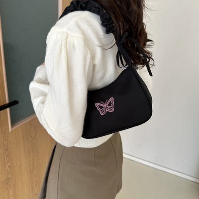 Lindo Bolso de Hombro con Lazo Bordado de Mariposa para Mujer Bolso de Mano Plisado Bolso Media Luna para Axila Bolso Tote de Lazo de Nailon Oxford