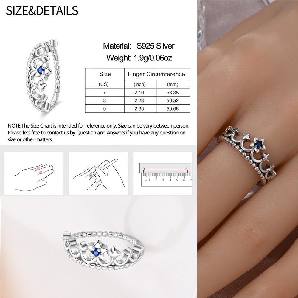 Retro 925 Sterling copper Sapphire Heart&Crown&Star Palace Pattern Ring Romantic Zircon Accessories