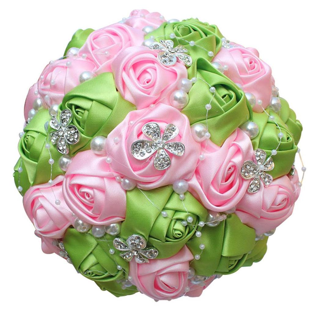 European & American Elegant Ribbon Flower Bridal Bouquet – Beaded Five-Flower Design