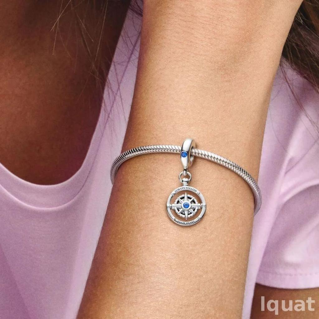 925 Sterling Silver Compass Charm Pendant with Blue Cubic Zirconia Stones for DIY Bracelet Necklace Accessories Jewelry Making
