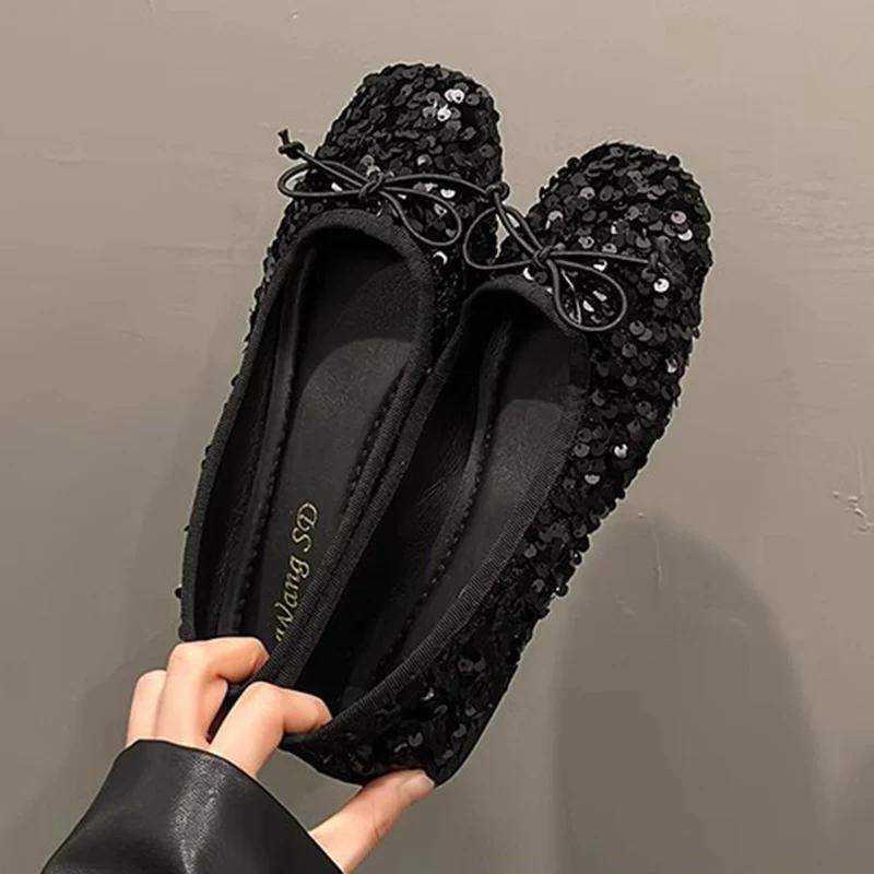 Mode Mode Silber Bling Low Top Einzelne Schuhe für Damen Neu Niedrige Absätze Schleife Einzelne Schuhe Damen Heißer Verkauf Übergröße Schuhe Mujer