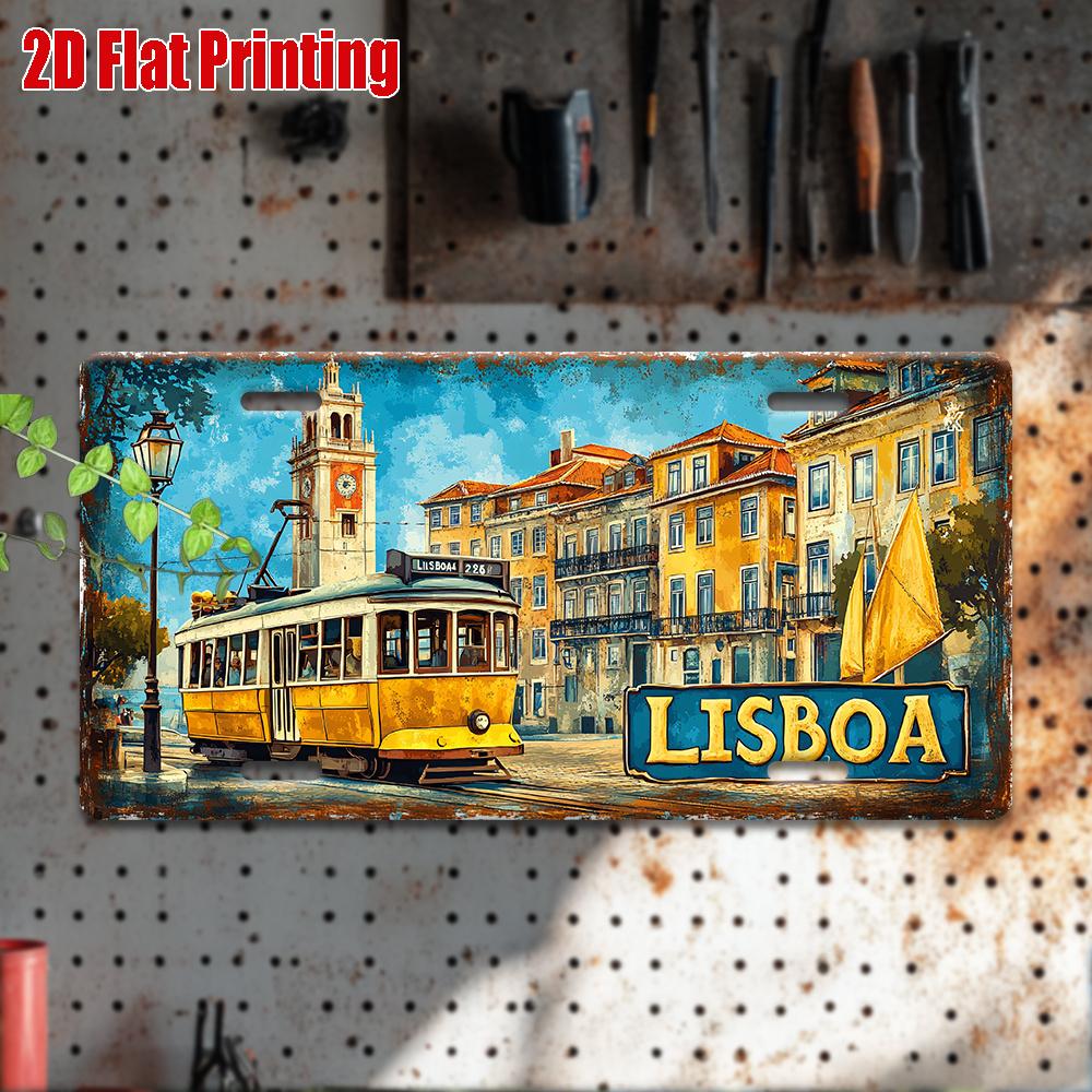 Printing, , Vintage Metal License Plate, Outdoor Wall Art , Number LISBOA Aluminum Sign with Lisbon Tram Scene, for Home, Bar