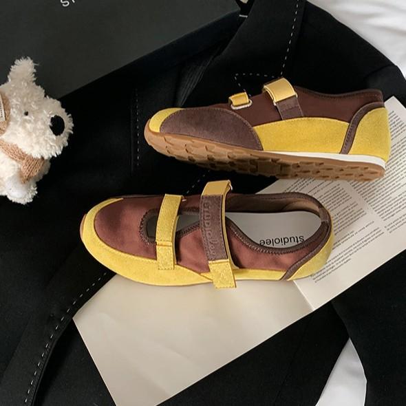 Sheepskin version~ Korean version of Velcro Mary Jane shoes women's color matching casual ballet shoes niche inner height increase flat shoes