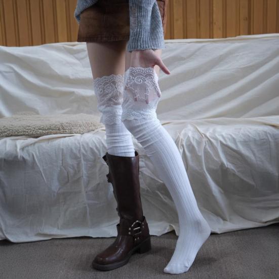 Lace Thigh High Socks Women Over-the-Knee Socks with Lace Cuffs Stretchy Long Stockings Boot Socks for Girls Cosplay Dating