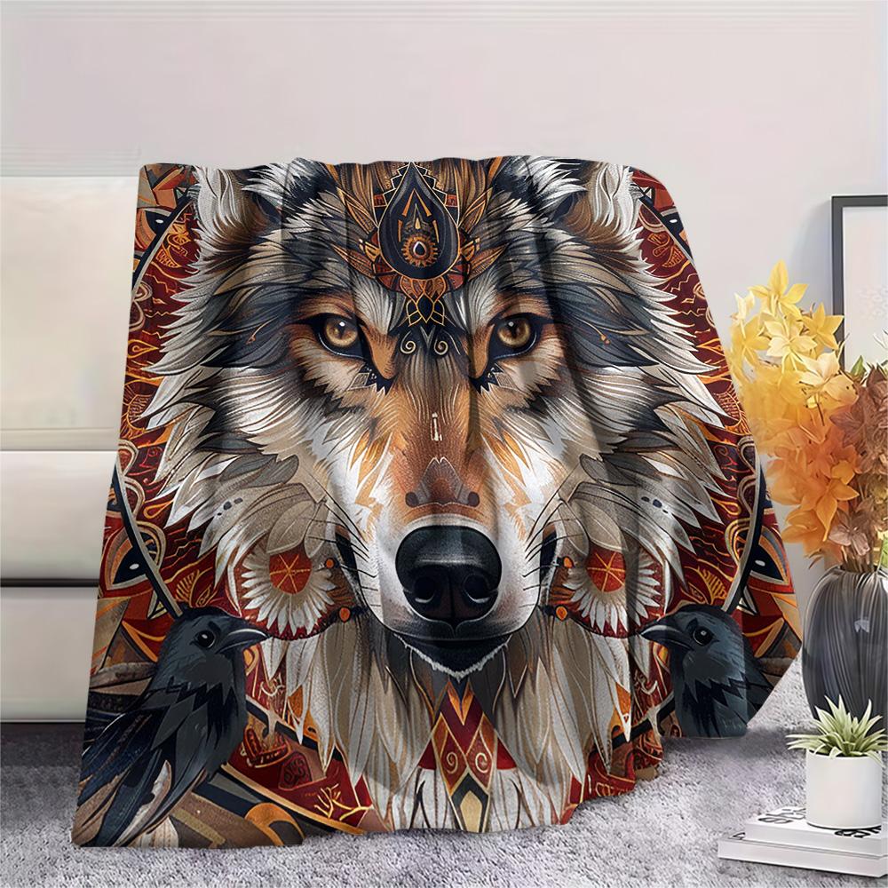 Primitive Wolf Print Flannel Blanket, High quality Comfortable for All Seasons, Home Decor, Warmth and Comfort, Perfect for Christmas Gifts