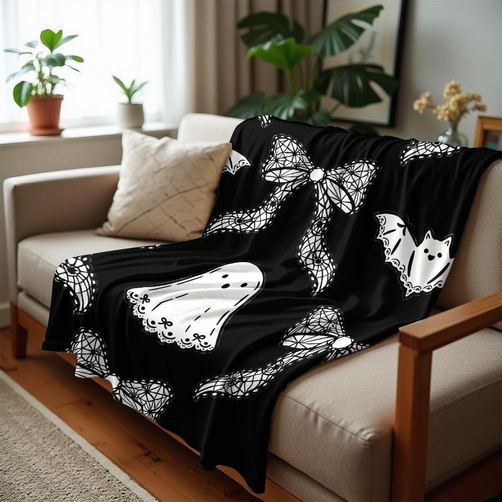 Lace Bow Ghost Bat Anime Cartoon Flannel Blanket Soft Warm Throw for Bedroom Sofa Car Kids Holiday Gift