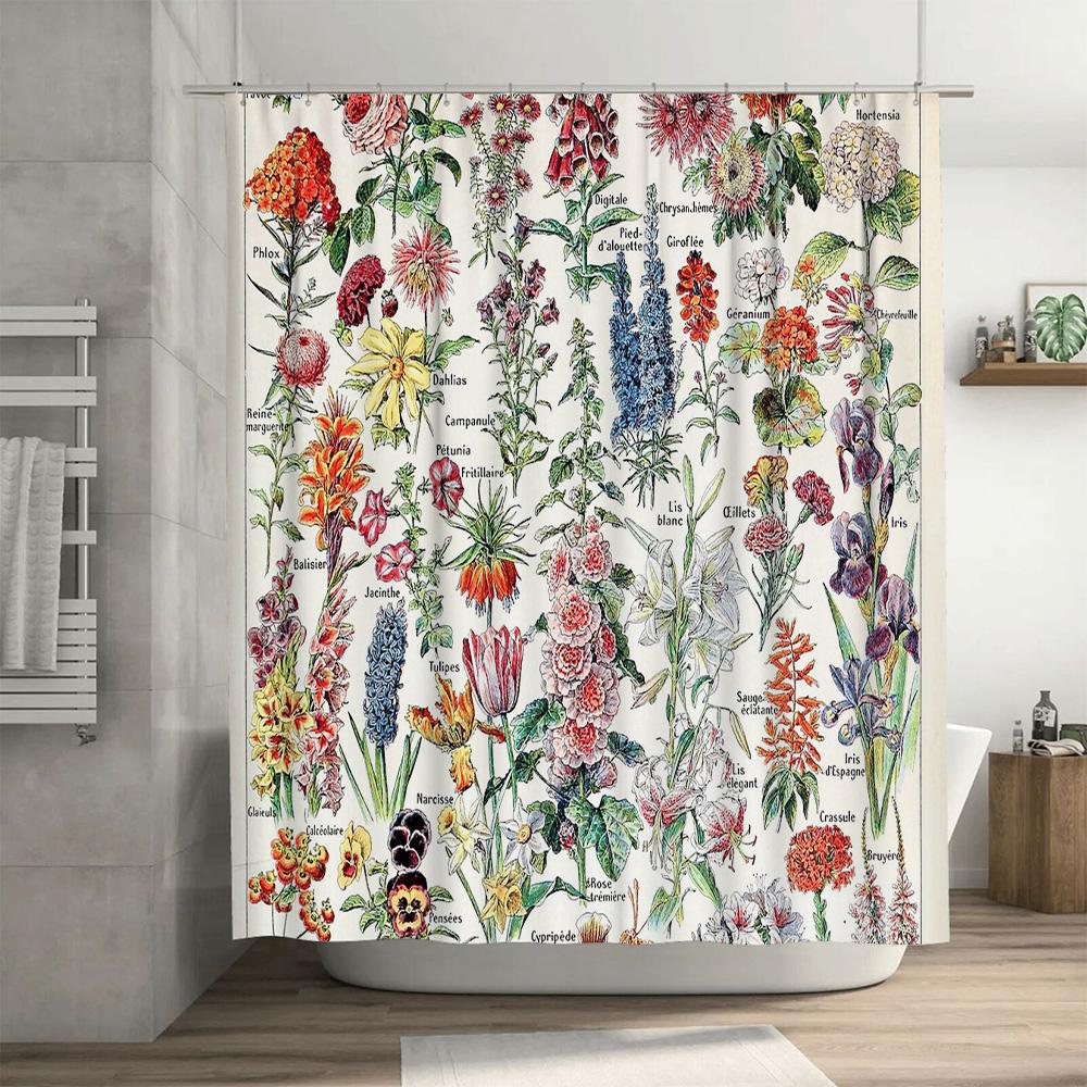 Botanical Flower Shower Curtain Vintage Floral Pattern Bathroom Decor Nature Art Washable Fabric Backdrop