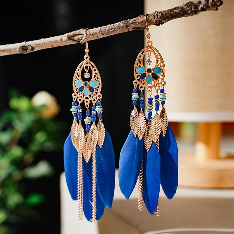 

Fashion Vacation Style Bohemian Feather Earrings for Women Ethnic Long Chain Bead Leaf Dangle Earrings Party Daily Jewelry королівський синій колір