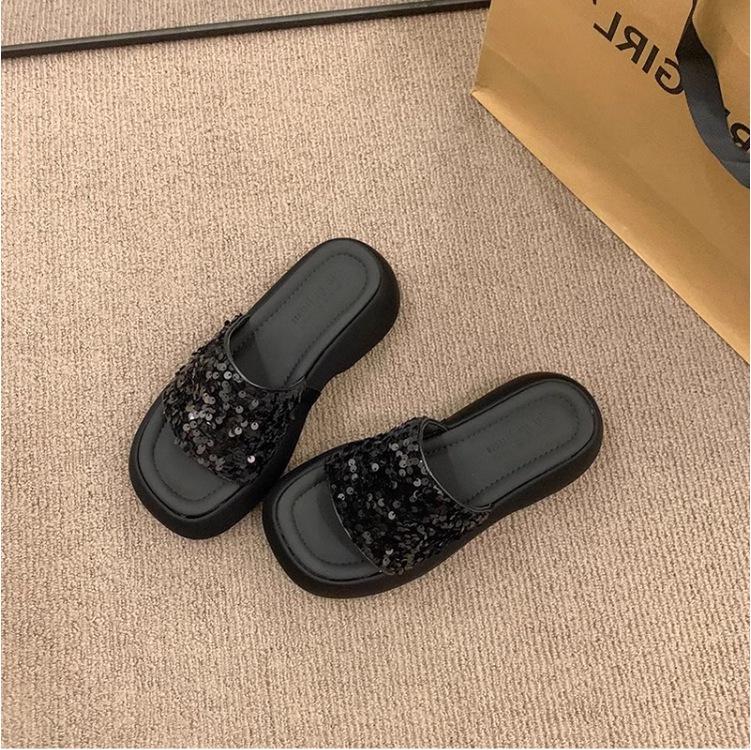 New high-end platform sandals half-mop summer outer wear sequined muffin bottom one-word shoes