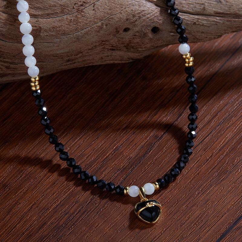 Original Niche S925 Sterling Silver Natural Black Agate Colored Treasure Pendant Heart-Shaped Love Bracelet Female Xiaohongshu Beaded