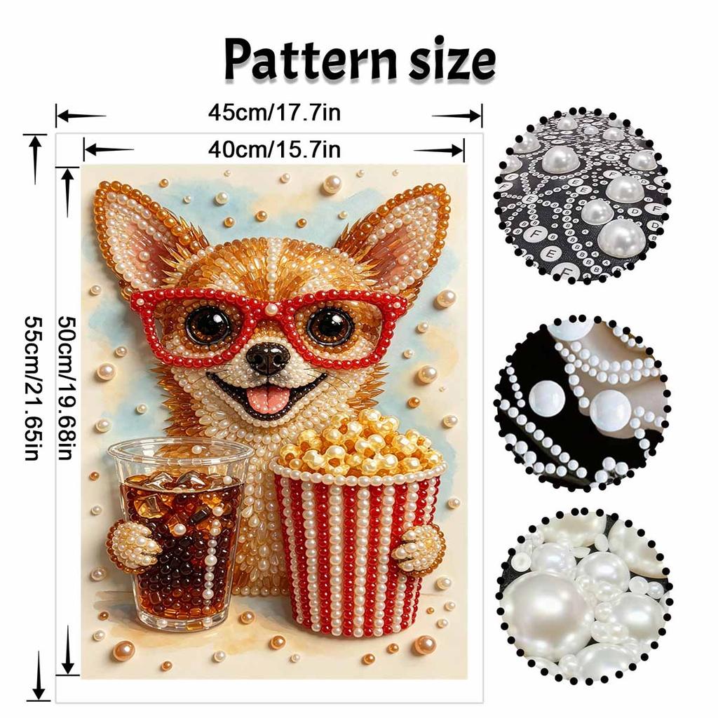 DIY Framed Pearl Painting Kit with Chihuahua Wearing Glasses Popcorn Soda 5D Sparkling Bead Art Canvas Ready to Display Home Decor Gift Idea
