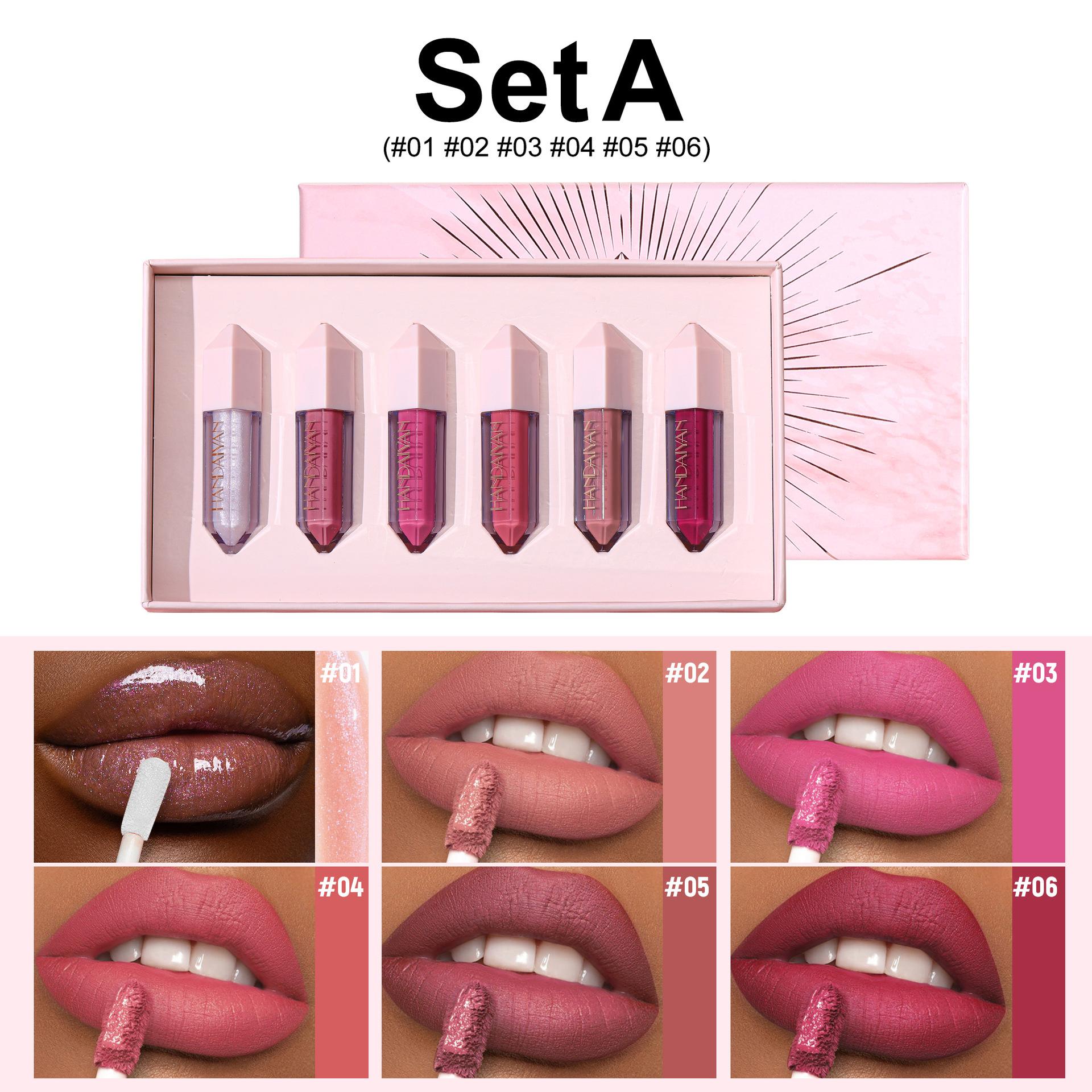 

Набор из 6-цветных блесков для губ Diamond Lip Gloss Set Candy Color Pearl Sparkling Lip Gloss Стойкий антипригарный блеск для губ Cup Lip Gloss Set Gift Box A