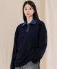 Ellamo French Terry Two-Button Denim Collar Oversized Sweatshirt [Navy]
