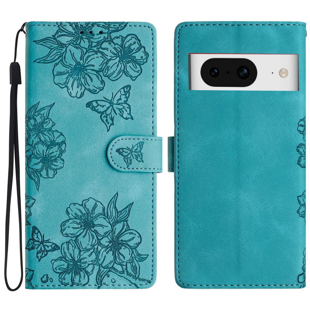 For Google Pixel 8 Case PU Leather Wallet Phone Cover Imprinted Butterfly Flowers Wrist Strap