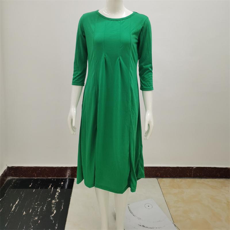 Sommerkleid für Damen, modisch, Rundhalsausschnitt, mittlere Ärmel, einfarbig, plissiert, lange Kleider