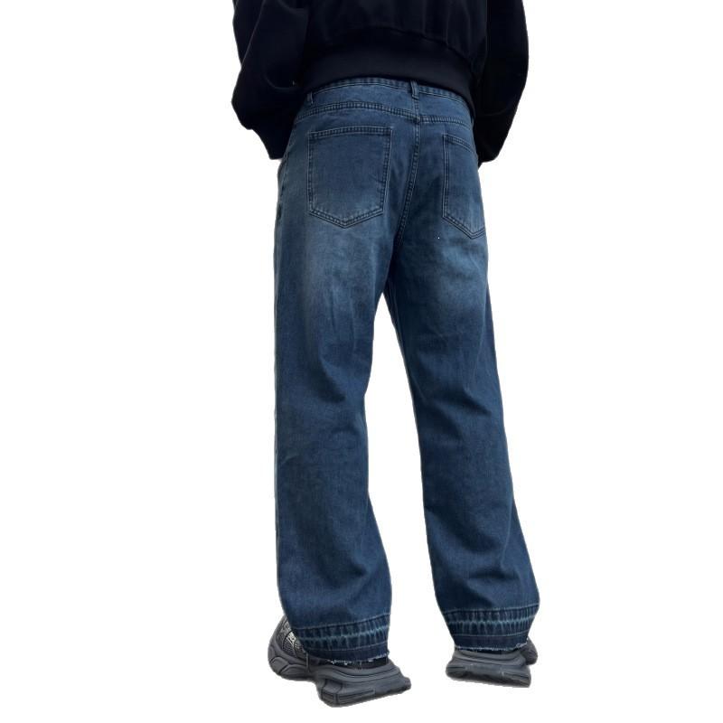 Popular Cat Whisker Washed Wide-leg Jeans Men's Retro Rough Edge Mopping Straight
