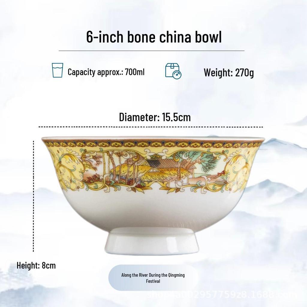Blue and White High-Foot Bone China Noodle Bowl - Chinese-Style, Anti-Scald, Customizable for Birthdays