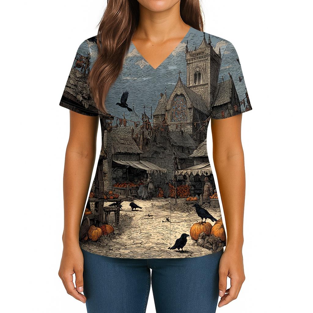 Women's Halloween Printed V-Neck Double Pocket Short Sleeves Hem Slit Uniform Caregiver Top