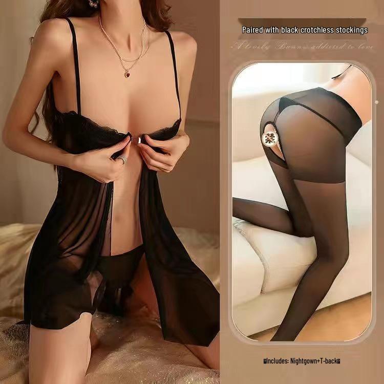 Elegant Lace Sheer Mesh Nightdress - Bust Enhancing, Plus Size, Thin Steel Ring, Sexy Summer Sling for Women