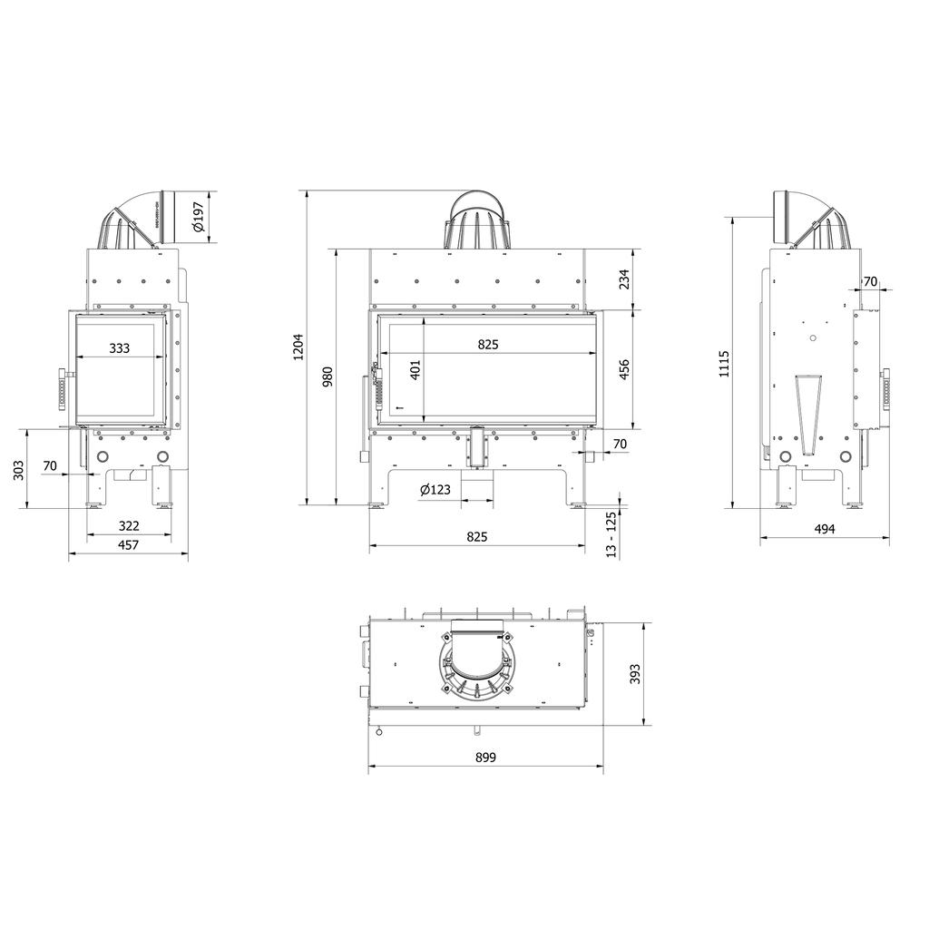 Corner Fireplace KRATKI FLOKI Right 12kW Ø200 Black Closing Installation Kit