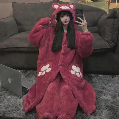 Strawberry Bear Coral Fleece Pajamas - Women's Winter Thick Velvet Flannel Nightgown