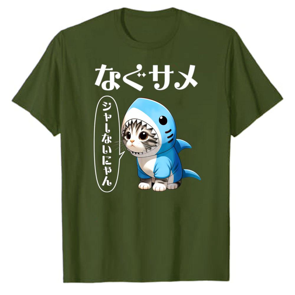 Katzenhai T-Shirt Japanisch Kawaii Neko Süße Katze im Haikostüm Grafik-T-Shirt Lustiges Katzenliebhaber Shirt Kurzarm Rundhals