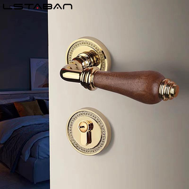 Euro Walnut Wood Handle Door Lock Indoor Universal Security Door Locks Bedroom Mute Deadbolt Lock Furniture Hardware Accessories