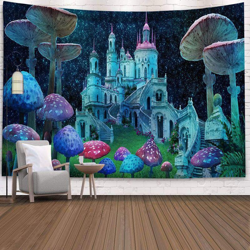 Mushroom Forest Tapestry, Peach Skin Velvet Background Fabric, Polyester Digital Printing Wall Carpet, Room Decoration Hanging Fabric