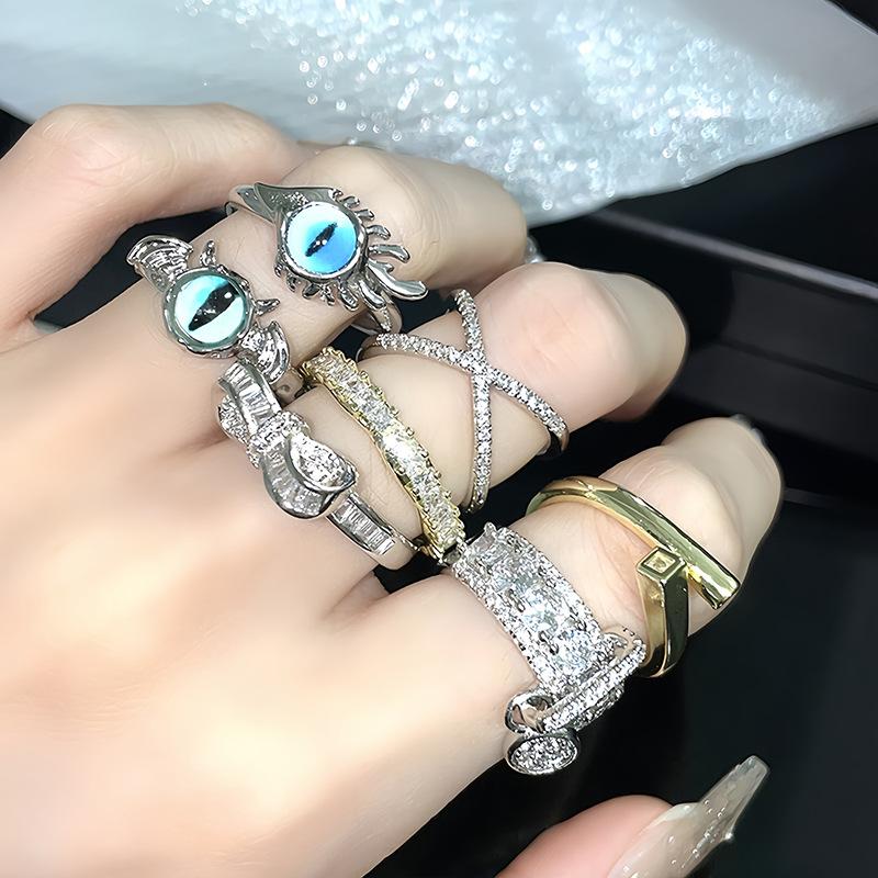 Niche Design Eyes Full Of Diamonds Zir*****Pen Ring Cold Wind Personality High Sense Fashion Stacking Ring