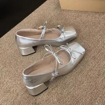 French Silver Bow Ballet Women's Shoes 2025 New Square Head Thick Heel Mary Jane Shoes Temperament Fashion Shoes