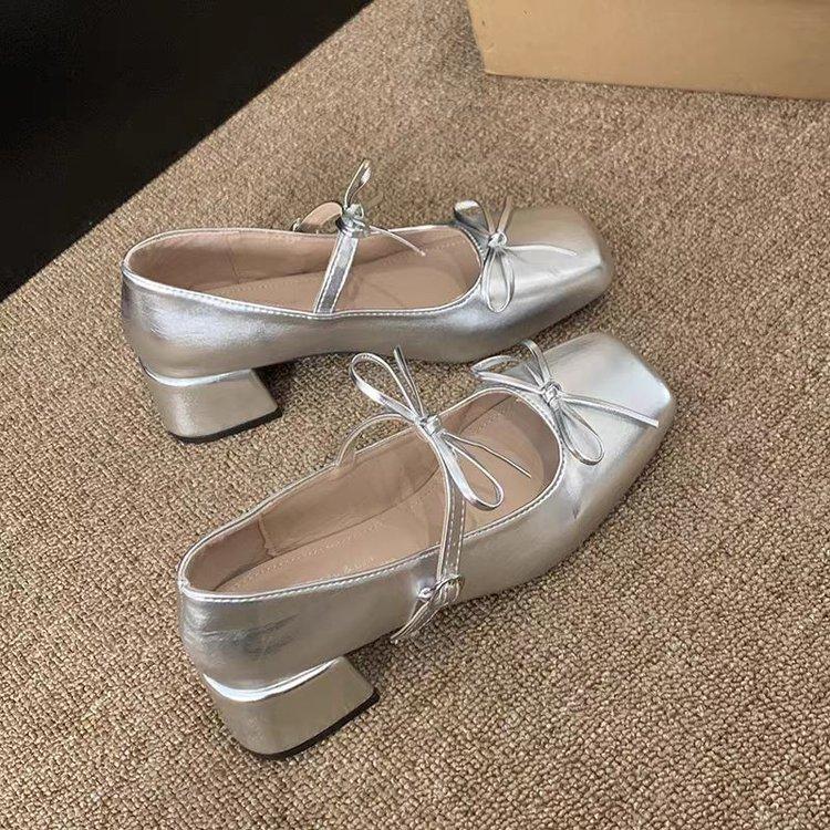 French silver bow ballet women's shoes 2025 new square head thick heel Mary Jane shoes temperament fashion shoes