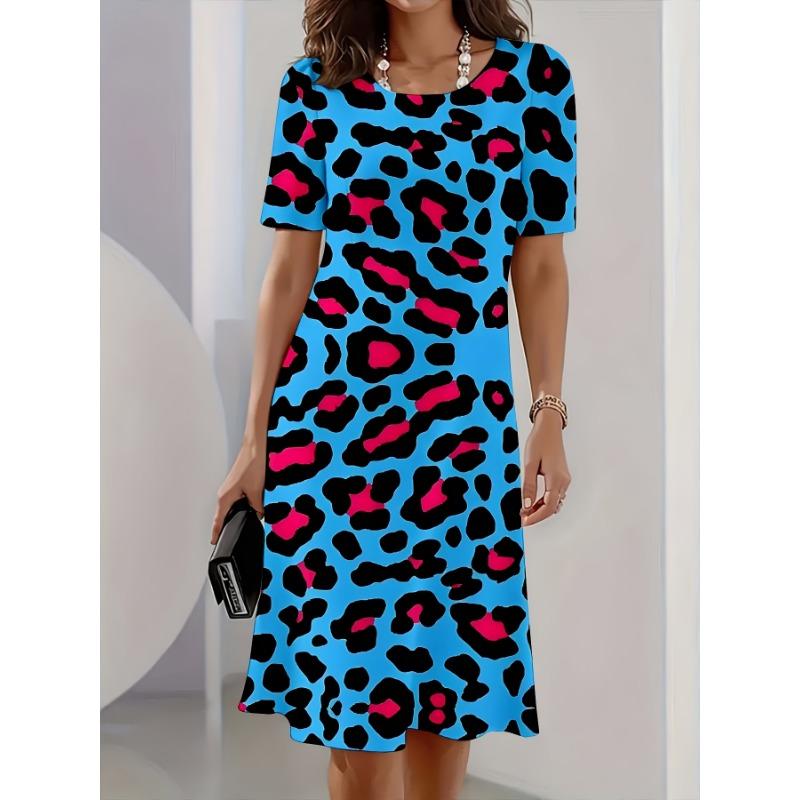 Women Short Sleeve Lady Leopard Print Dress for Casual Outings For Summer Cocktail Party Dress for Mother S