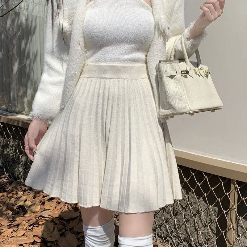 High Waisted A- Line Knitted Short Skirt High Waist A- Line Knitting Pure Color Skirt