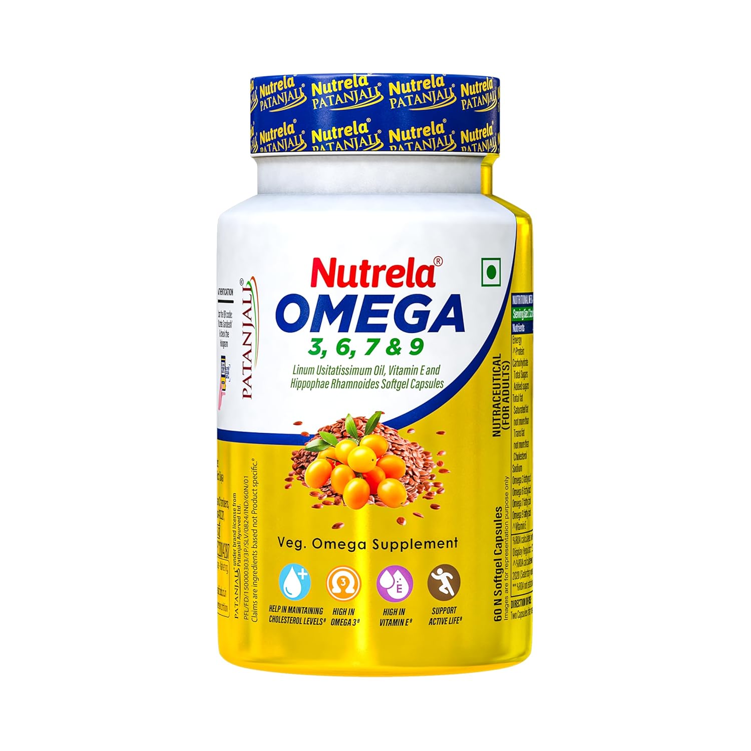 

Nutrela Patanjali Omega 3 6 7 9 Vegetarian Softgels Pack of 60 Capsules for Heart Skin Wellness