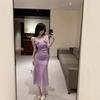 Pink mesh suspender dress women's summer beautiful seaside vacation beach dress hip fish tail long skirt