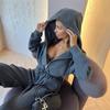 Womens Casual Two-Piece Set: Long Sleeve Zip-Up Hooded Top Wide Leg Pants Solid Color Stretch Comfort Fit