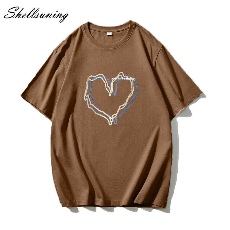 Shellsuning Loose O Neck Cotton Printed Shirts Women Summer Kawaii Heart Graphic Tees Female Casual Short Sleeve Base Black Tops