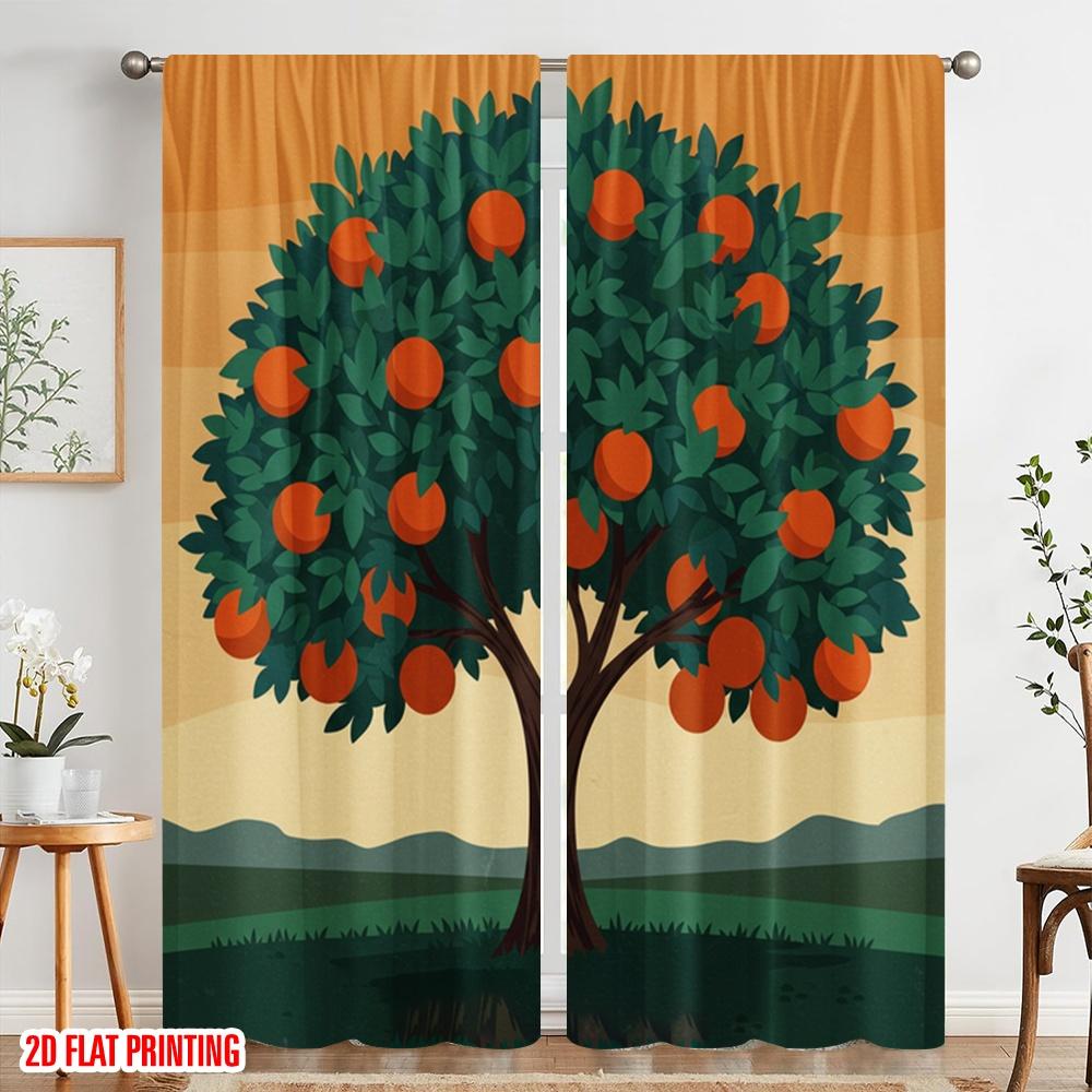 2 Stück 2D Flachdruck Vorhänge Ernte von Orangenbaumfrüchten Polyester Ohne Strom Weihnachtsdekorationen Verwendung für Feiertag