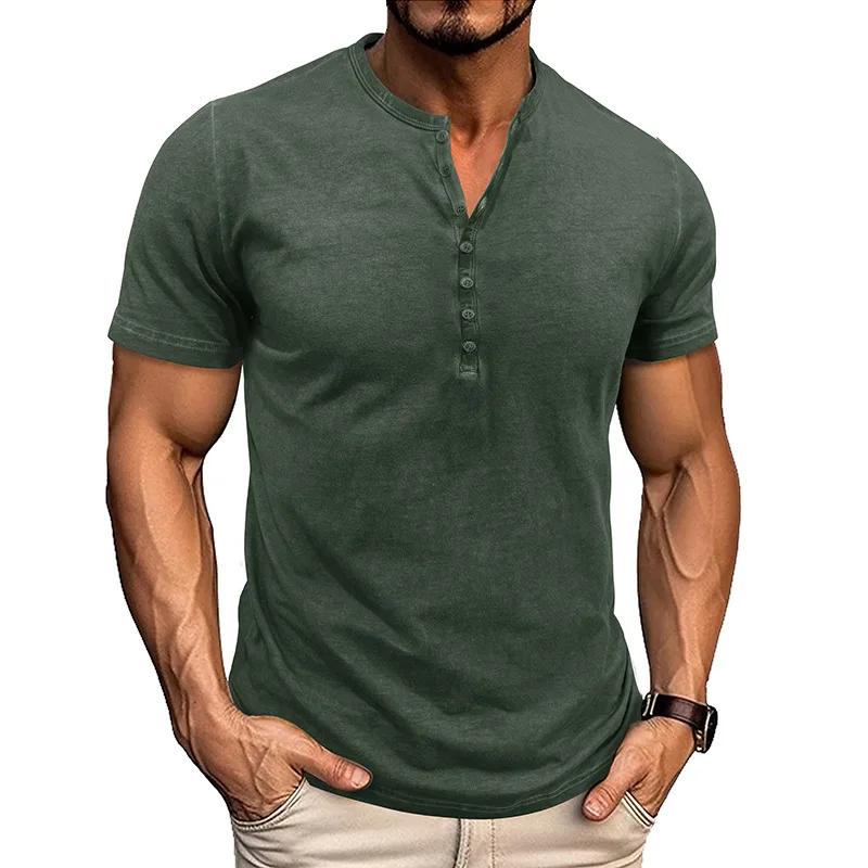 Летняя мужская приталенная рубашка-henley с коротким рукавом, на пуговицах, с воротником-henley, повседневная, однотонная, винтажная футболка M зелёный