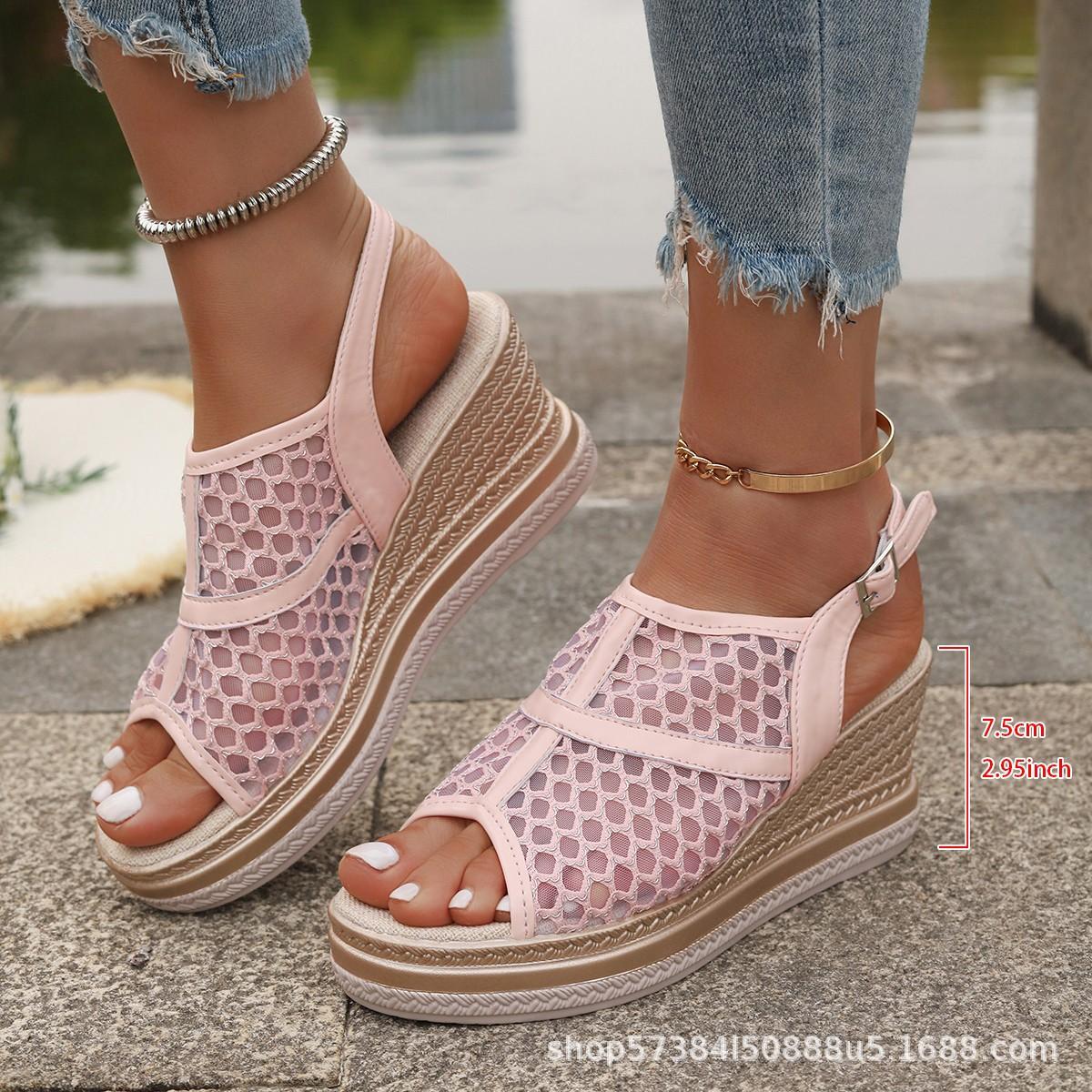 

Foreign trade large size fish mouth sandals 2025 summer new mesh thick-soled wedge heel European and American breathable sandals women 43 43 рожевий